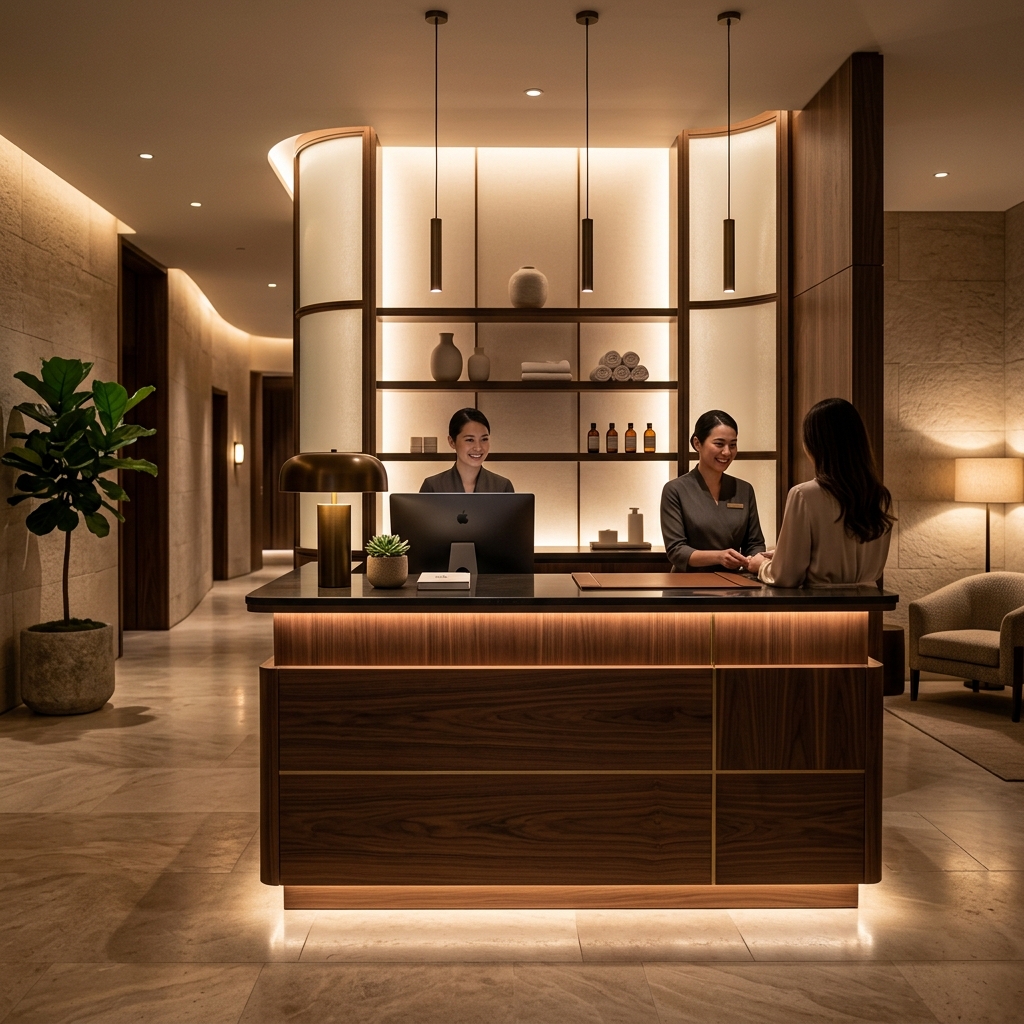A.J. Wellness reception desk with luxury ambient glow
